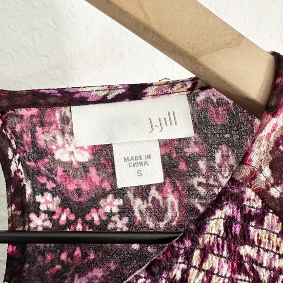 J. Jill Smocked Ikat Round Neck Tunic Blouse Top Purple Pink Small Boho Abstract - Picture 2 of 9